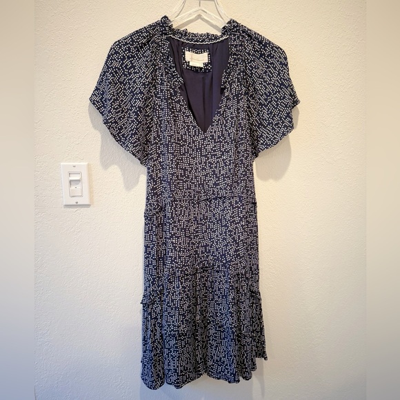 ANTHROPOLOGIE Robin Tiered Ruffle Dress in Navy and White Polka Dot - Picture 2 of 6